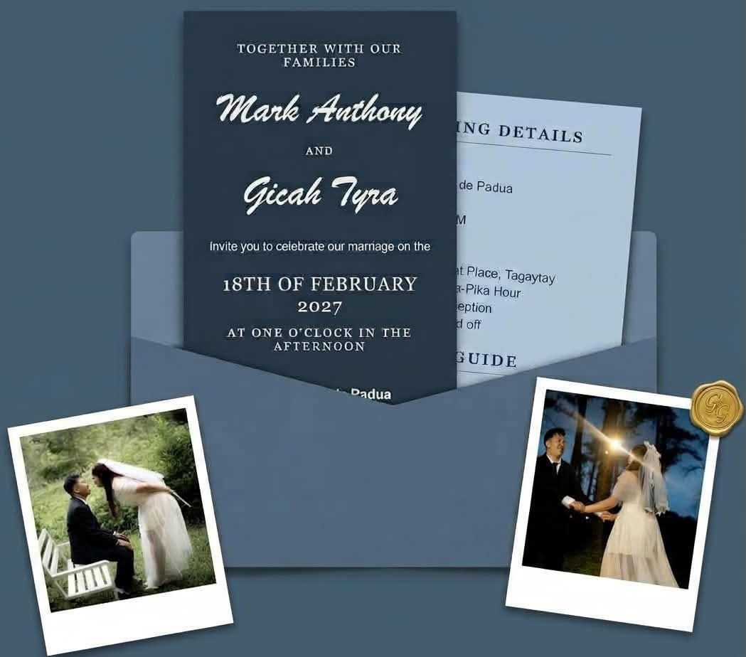 The wedding invitation in its envelope with two polaroid portraits